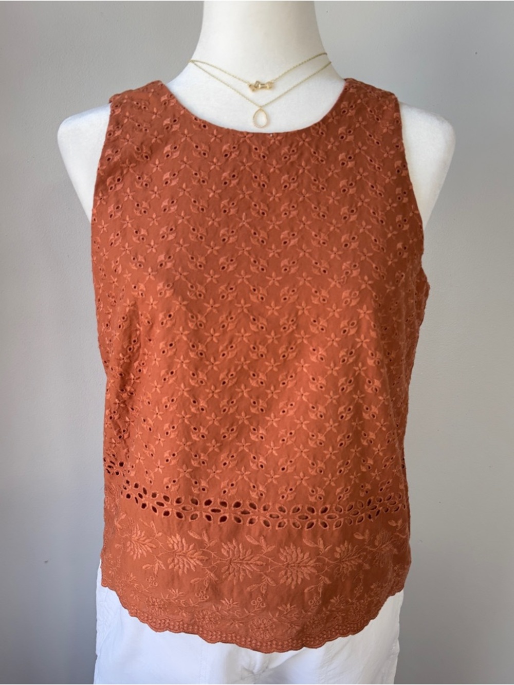 LOFT Eyelet Embroidered Tank Top Small Terracotta Cotton Lined Scallop Hem